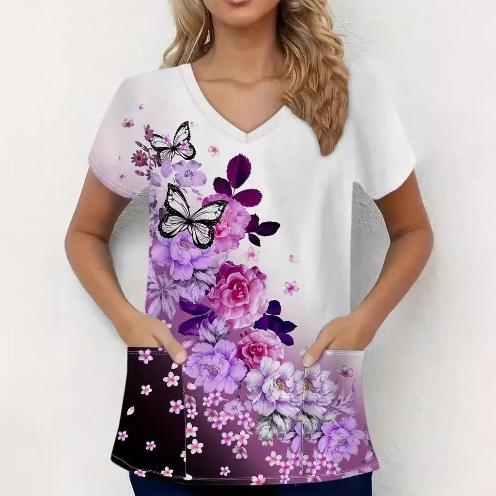 Romantic Pink Butterfly 3D Digital Print Women's Pocket V-neck Pullover Short Sleeved T-shirt Hospital Protective Apparel