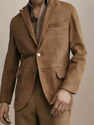 Blazer de couro camurça de pele de cordeiro macia real masculino feito à mão com design formal TAN