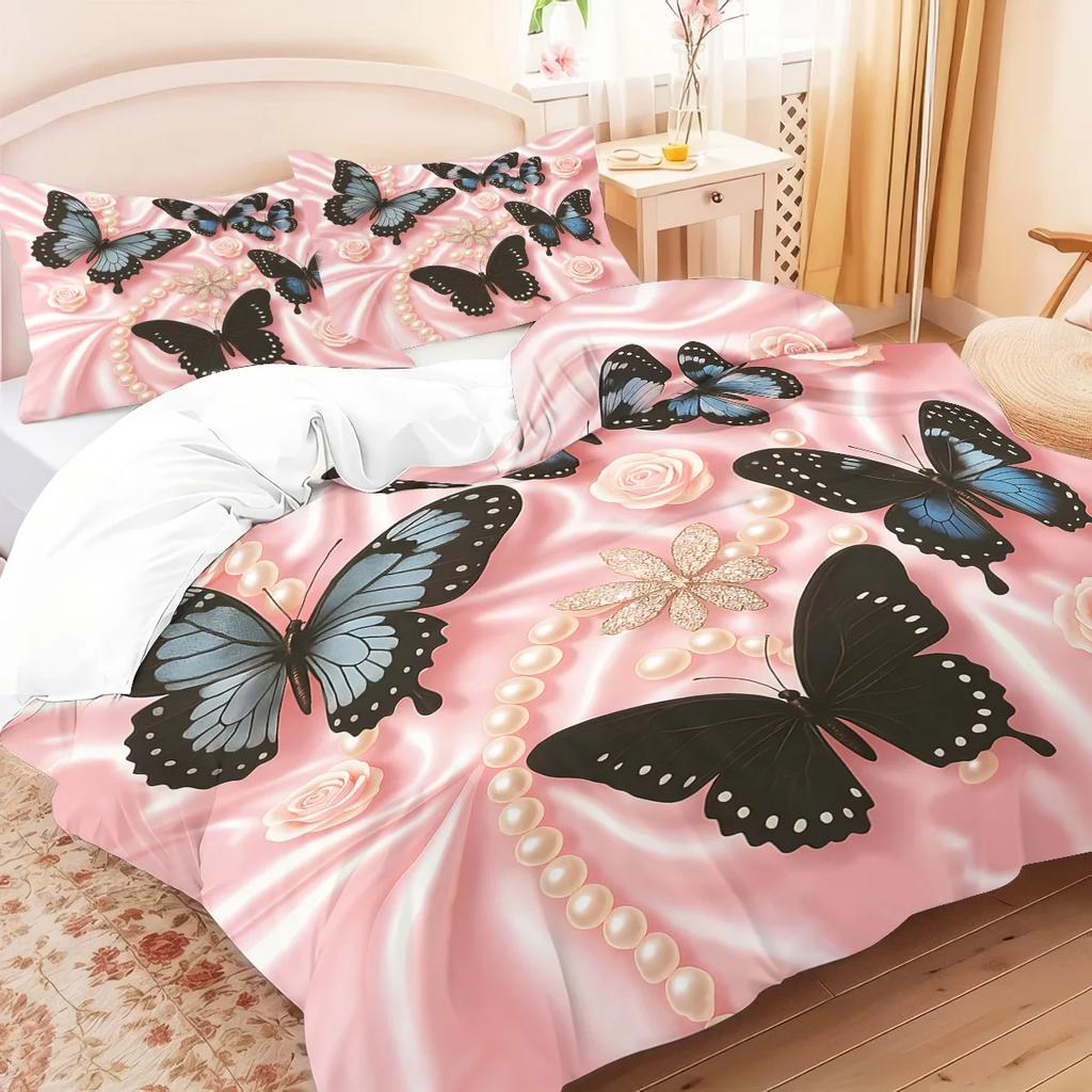 3pcs Pink Floral Butterfly Pattern Duvet Cover Set, 1 Duvet Cover+2 Pillowcases, Coreless. Soft and Comfortable Bedding Set