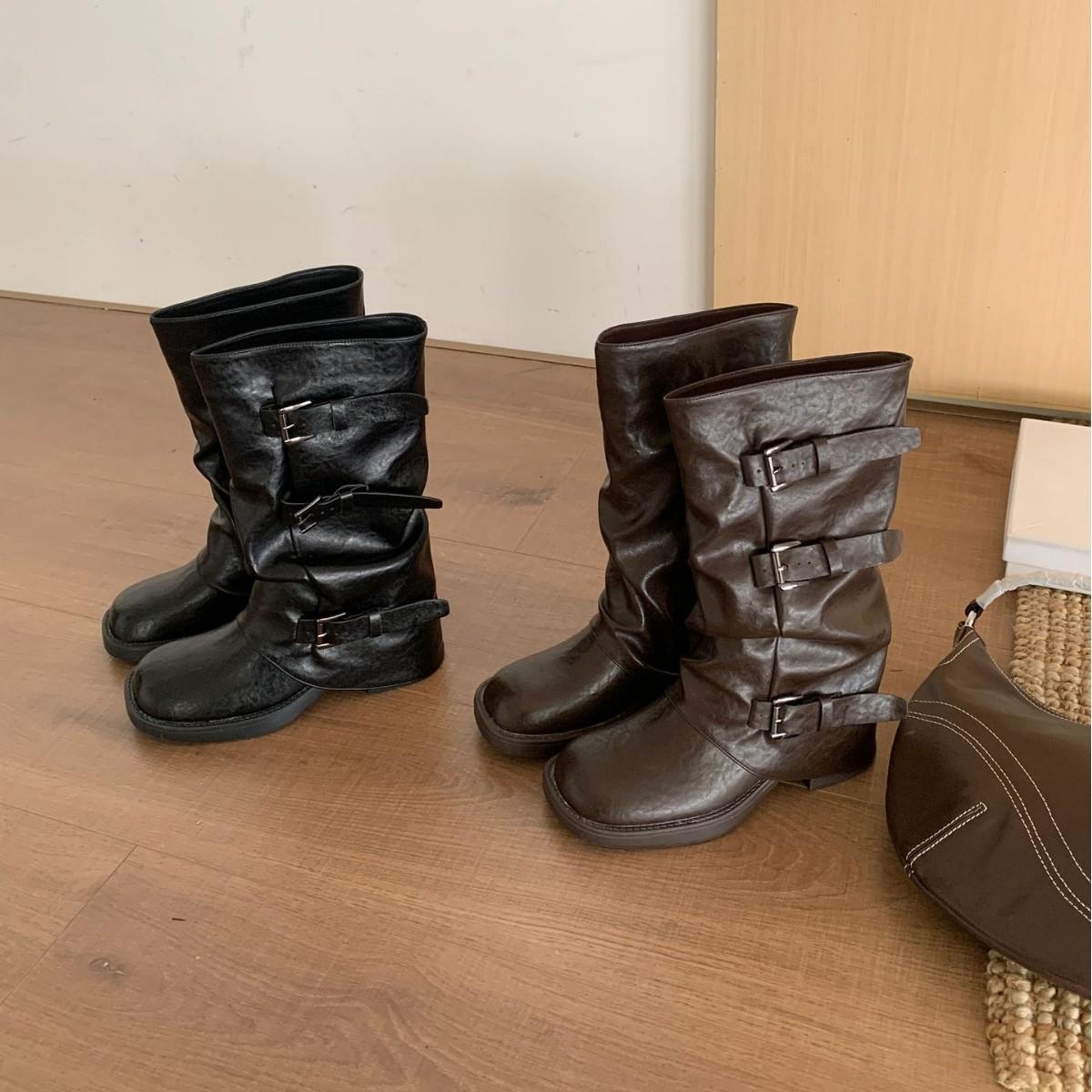 

2025 new belt buckle round head thick sole tall tube thin knight female western martin female boots 39 коричневый