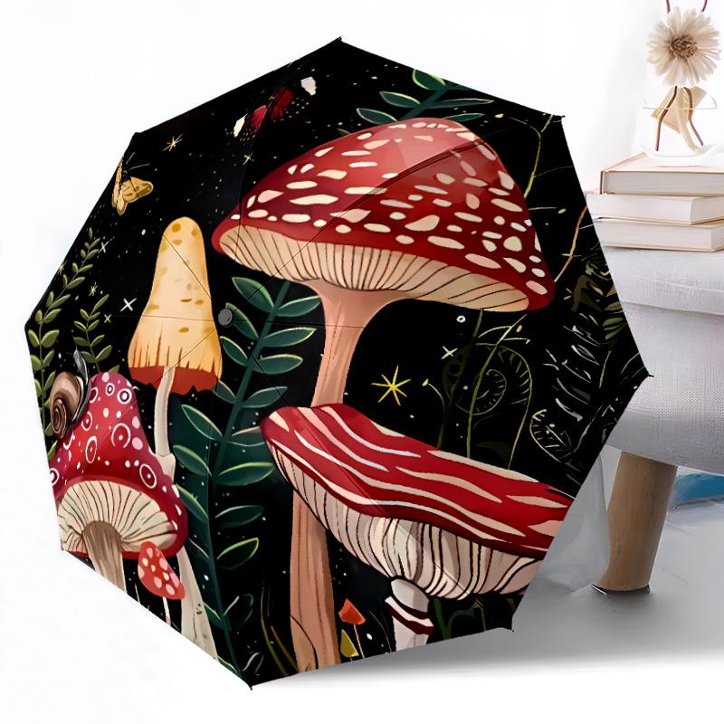 Mystical Forest Mushrooms Compact Travel Automatic Umbrella Compact 8-Rib Design Durable Plastic & Iron Travel Essential Elegant Umbrella