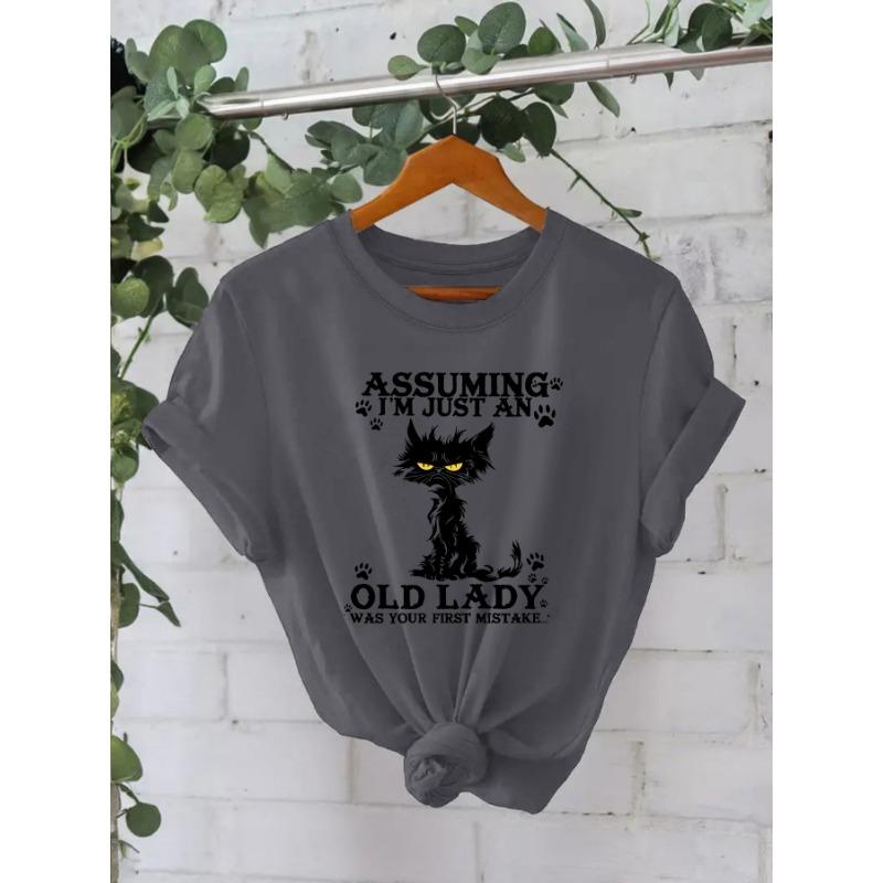 Rundhals Schwarze Katze Bedruckt Reines Baumwoll-Top Damen T-Shirt