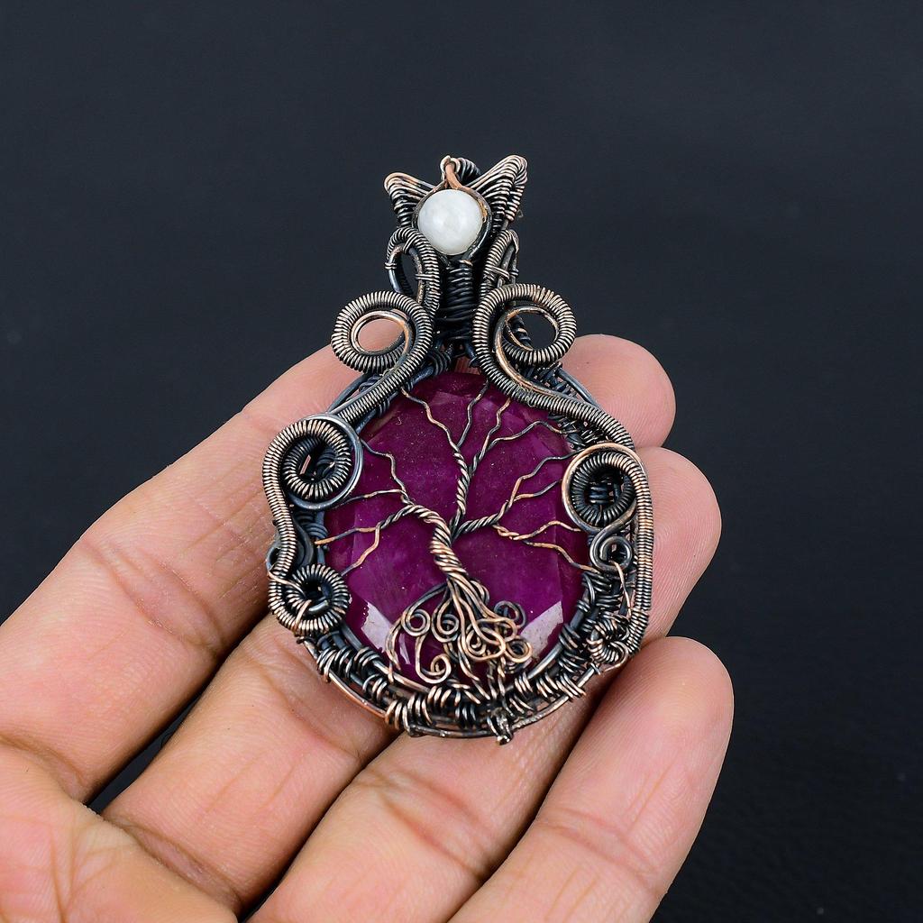 Tree Of Life Lab-Created Ruby & Moonstone Gemstone Pure Copper Wire Wrap Handmade Jewelry Pendant