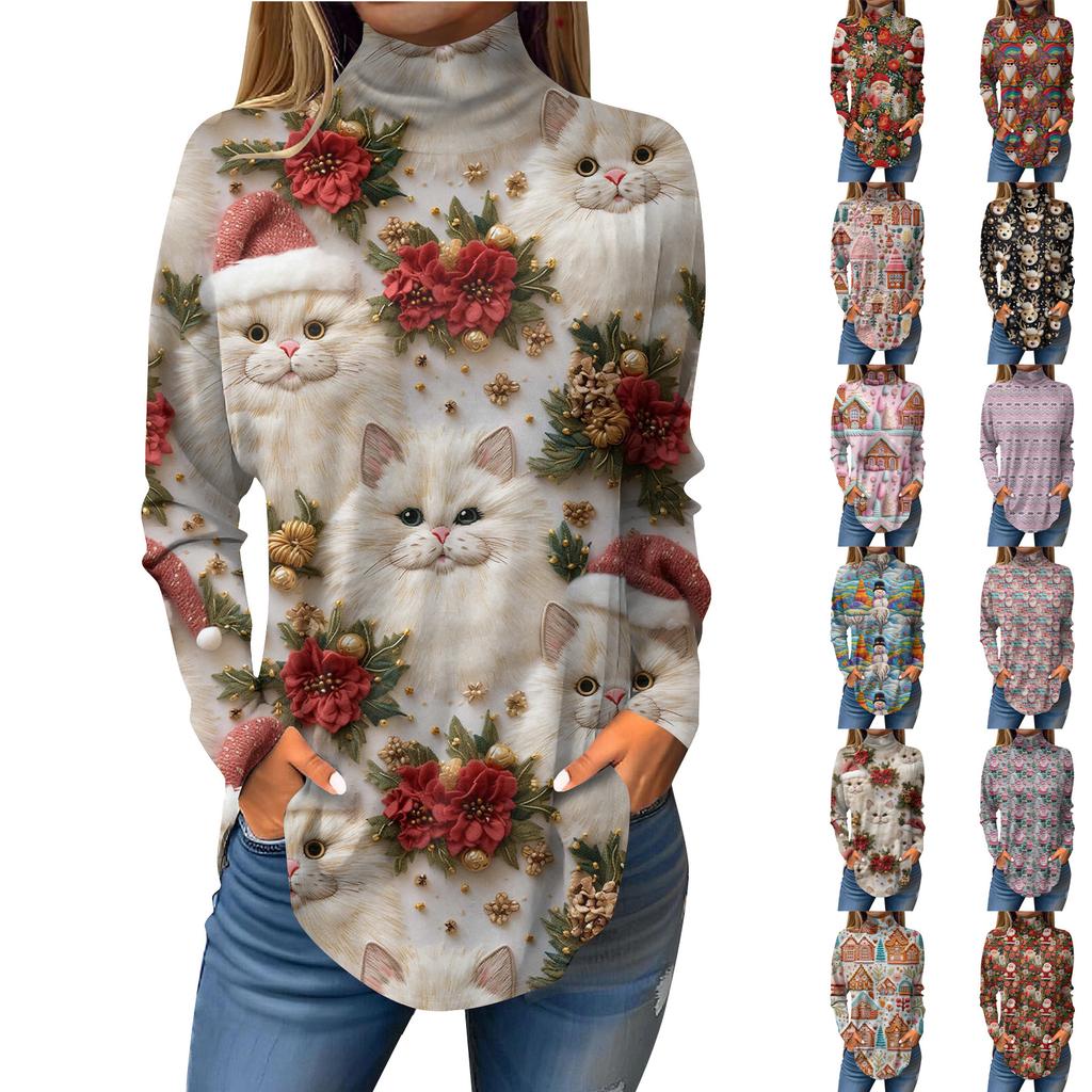 Damen Herbst Casual Langarmshirts Sweatshirt Vintage Bedrucktes High Neck Top Pullover