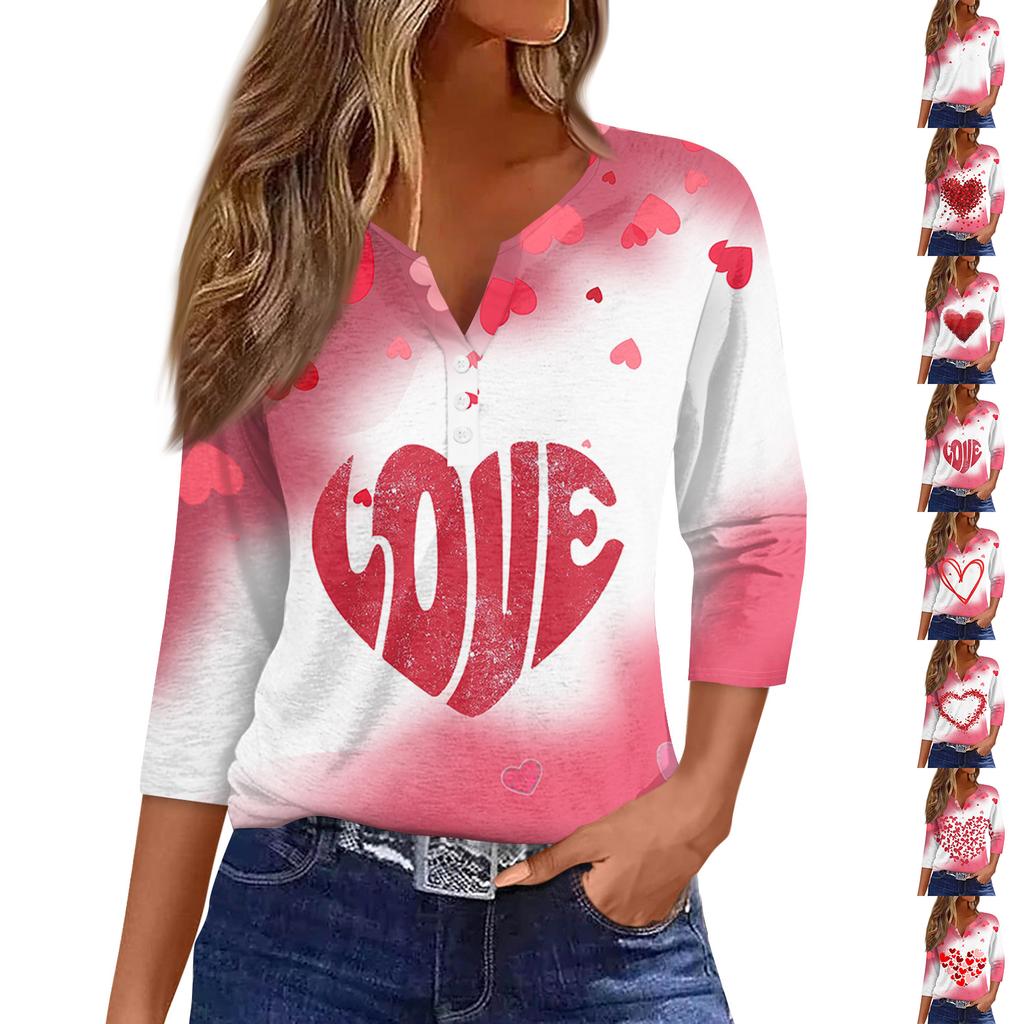 Camiseta feminina com estampa de botão, manga 3/4, moda diária de fim de semana, básica, decote em V, top regular