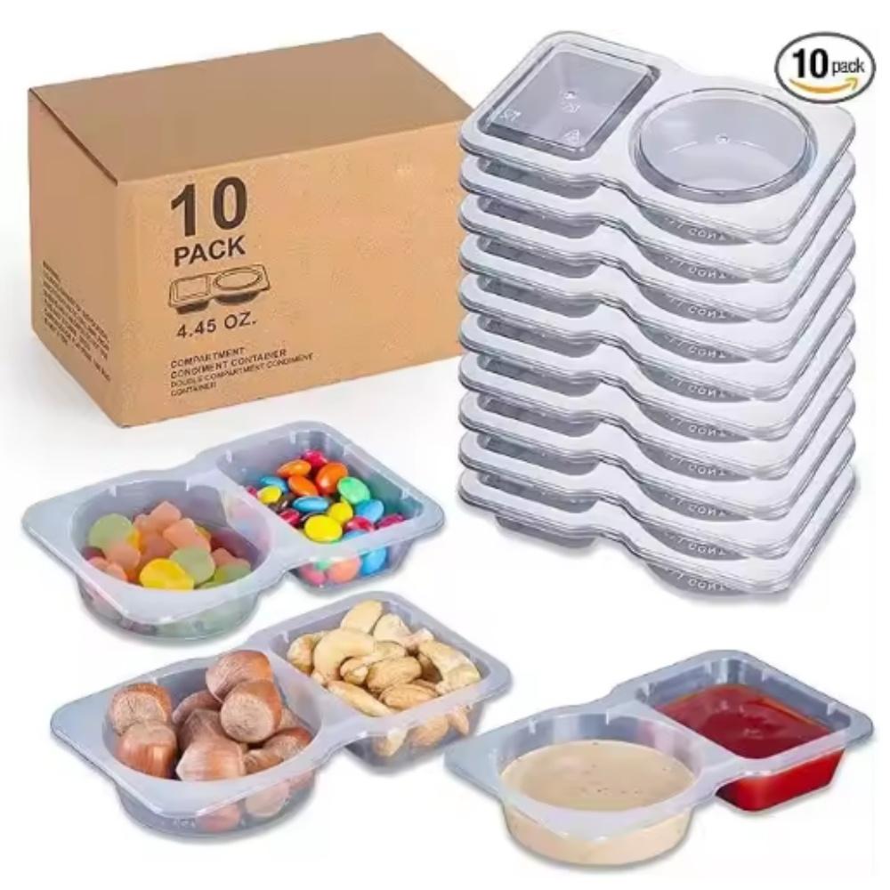10pcs Double Compartment Snack Container Box for Sampling Plastic Compartment Snack Containers Kitchen Leak-Proof
