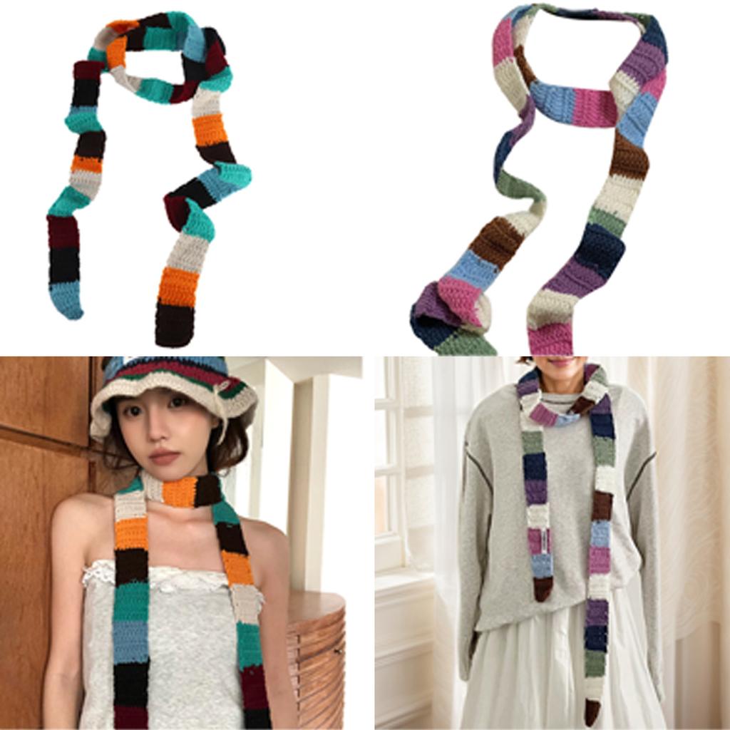 Women's Colorful Striped Scarf Knit Woolen Warm Color Contrast Long Narrow Scarves Sausage Thin Scarf Winter Neckerchief