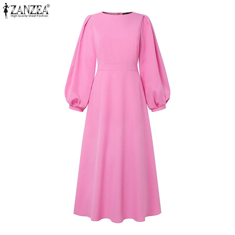 ZANZEA Dame Fritid Rund Hals Løs Puff Langermet Ensfarget Kjole