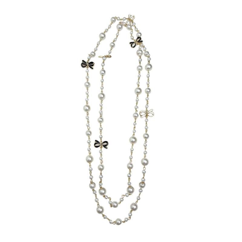Stylish Long Stackable Pearls Necklace Bowknot Pendant Alloy Neckchain Trendy Accessory For Daily Wear 1