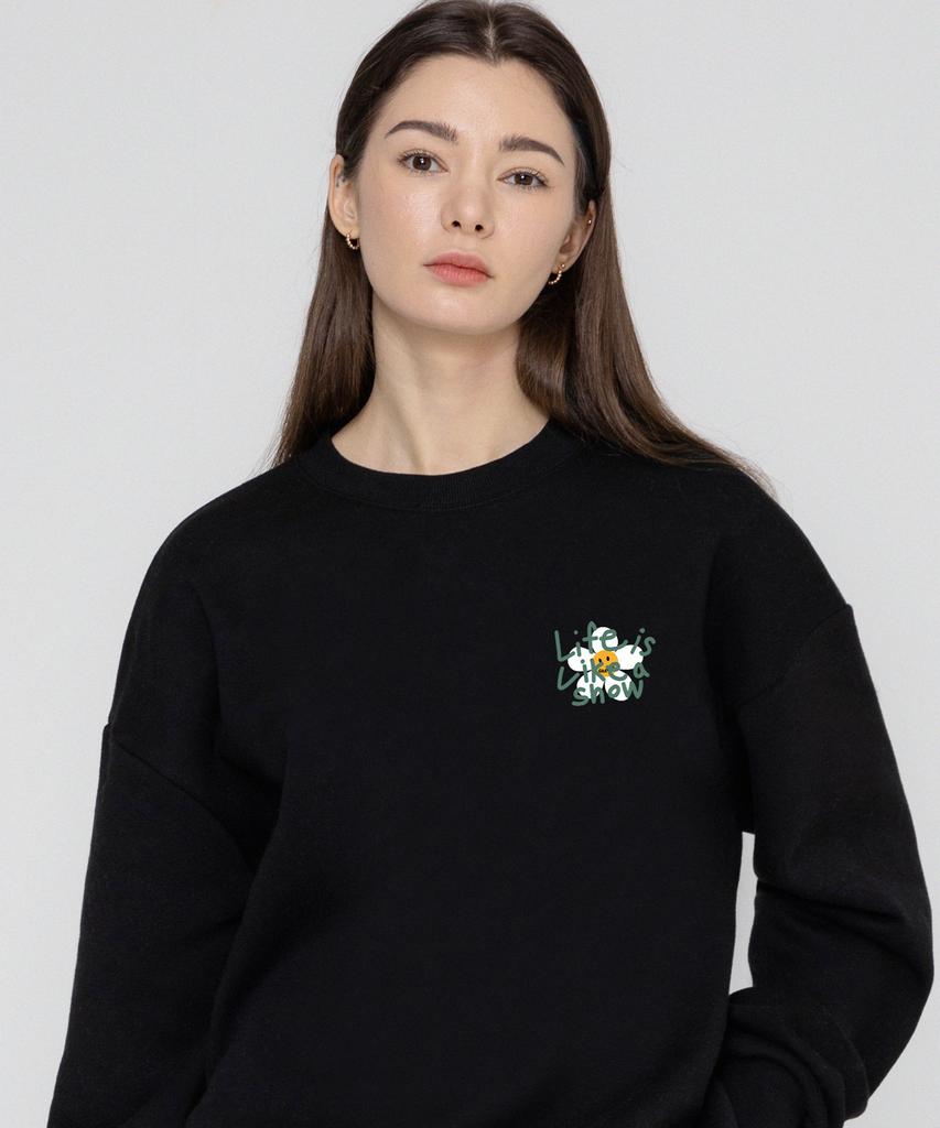 GRAVER [Unisex] Drawing Letter Flower Smile Sweatshirt_Black/Green Logo