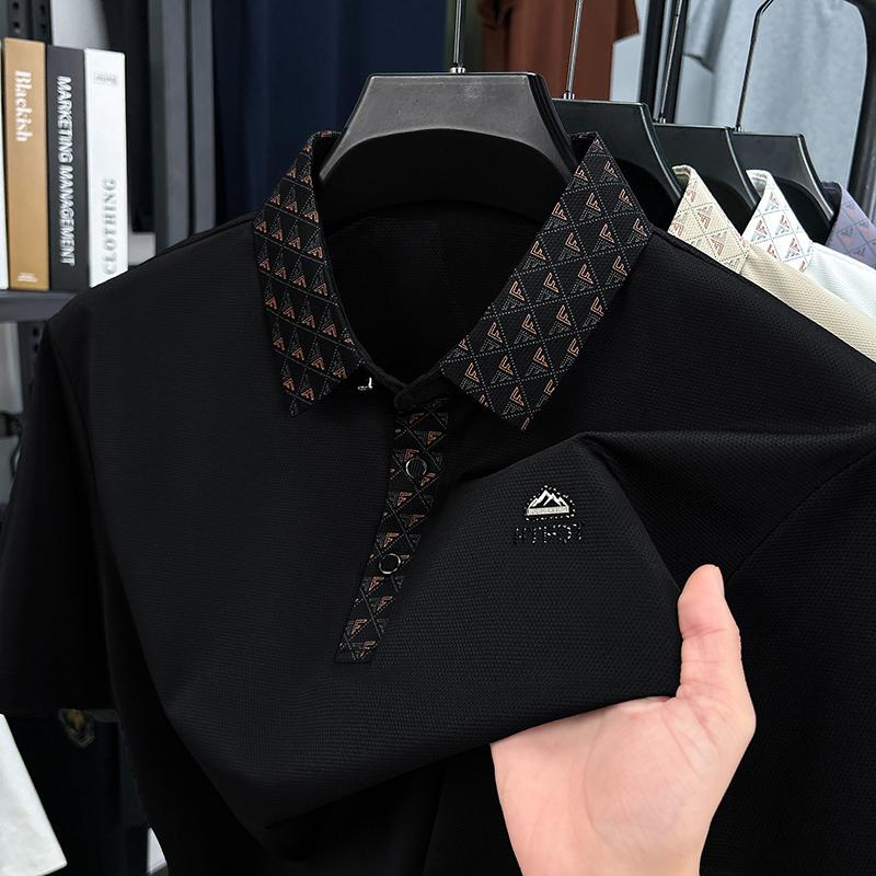 Light Luxury Summer Business and Leisure Dad's Dress Flip Collar Ice Silk Half Sleeve Printed Bottom Polo Shirt