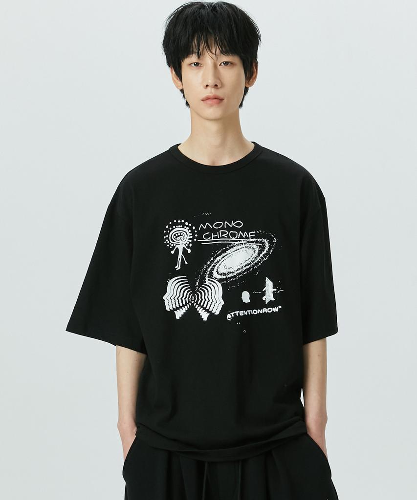 ATTENTIONROW Edition 1. Vibration Universe Print Oversized Short Sleeve T-Shirt (Black)