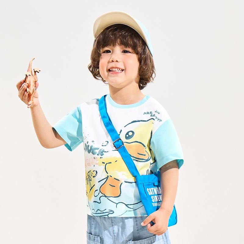 B. Duck Yellow Duck Children's Clothing Printed Cute Color Blocked Summer New Men's Breathable Short Sleeved Top