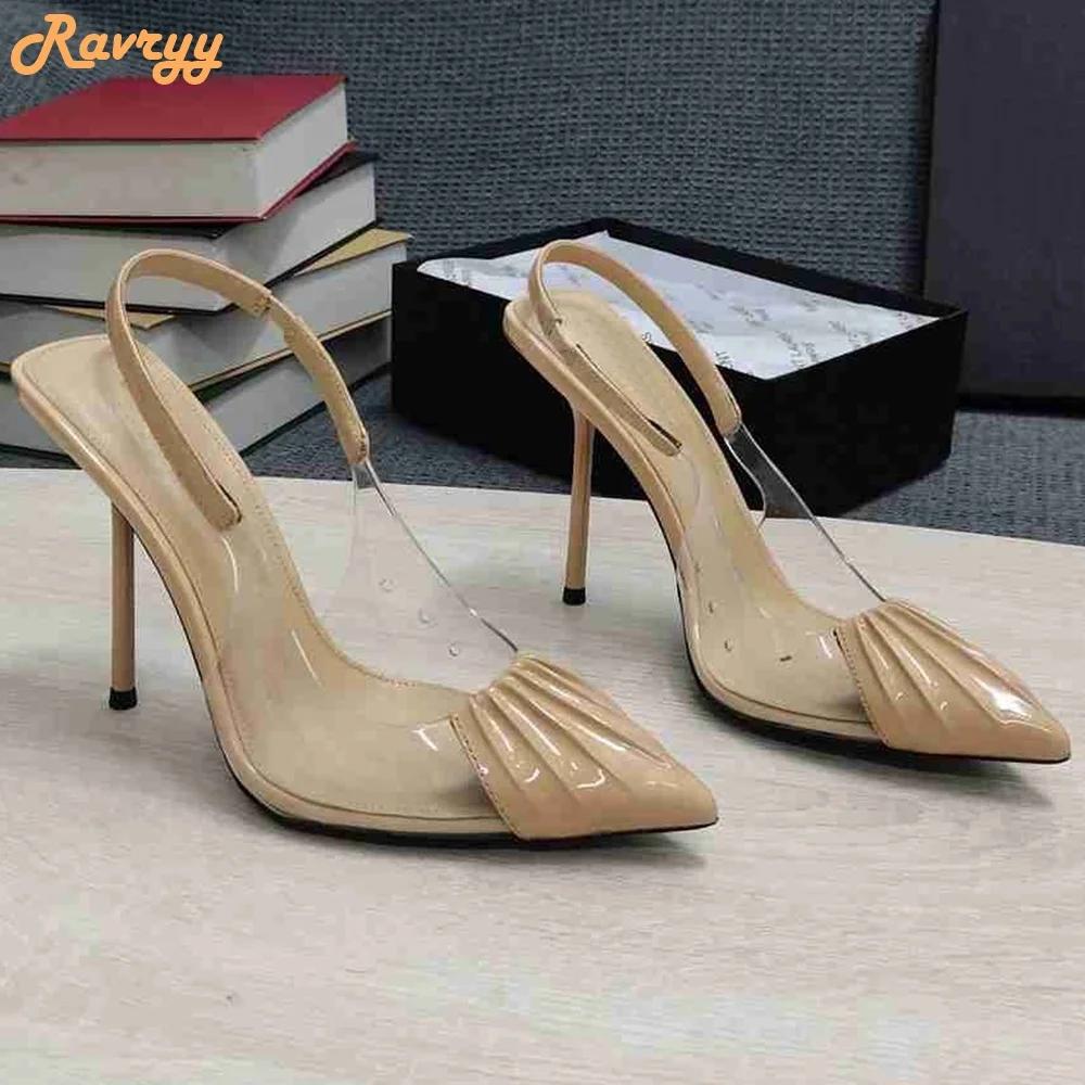 Patent Leather Pleated Stiletto High Heels Pvc Cover Pointed Toe Sandals Women Sexy Back Strap Sandals Black/red/nude
