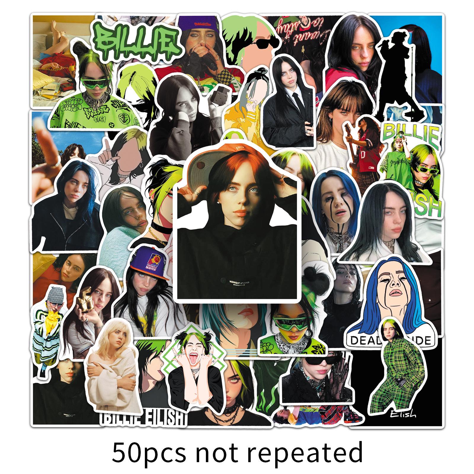 Billie Eilish Star Merchandise Waterproof Stickers: 50 Creative Fun Designs for Fridges, Water Bottles, and Desktops.
