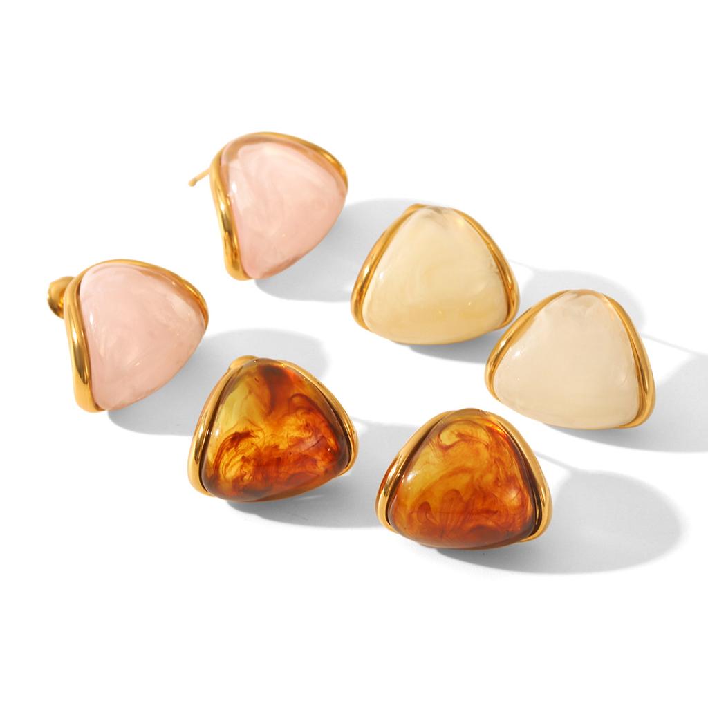 Maillard Amber Triangular Stud Earrings, 18K Gold Plated Cabochon Resin Earrings, Premium Titanium Steel Ear Jewelry