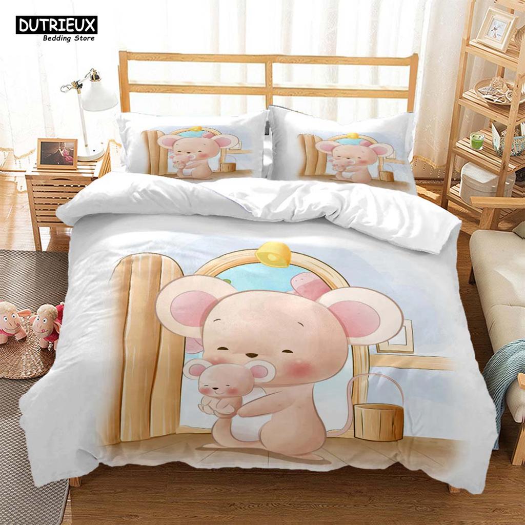 Lindo Juego de Cama de Tres Piezas con Estampado de Ratón de Dibujos Animados Suave y Cómodo Juego de Cama King Size Edredón Juegos de Cama