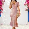 Women Plus Size V Neck Short Sleeve Printed Blue Fitted Fishtail Midi Dress