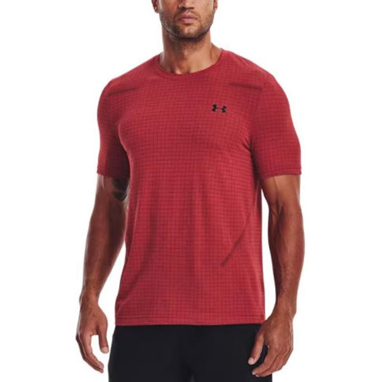 Under Armour Plaid Training Short Sleeve T-Shirt Men Tops Red 1376921-638