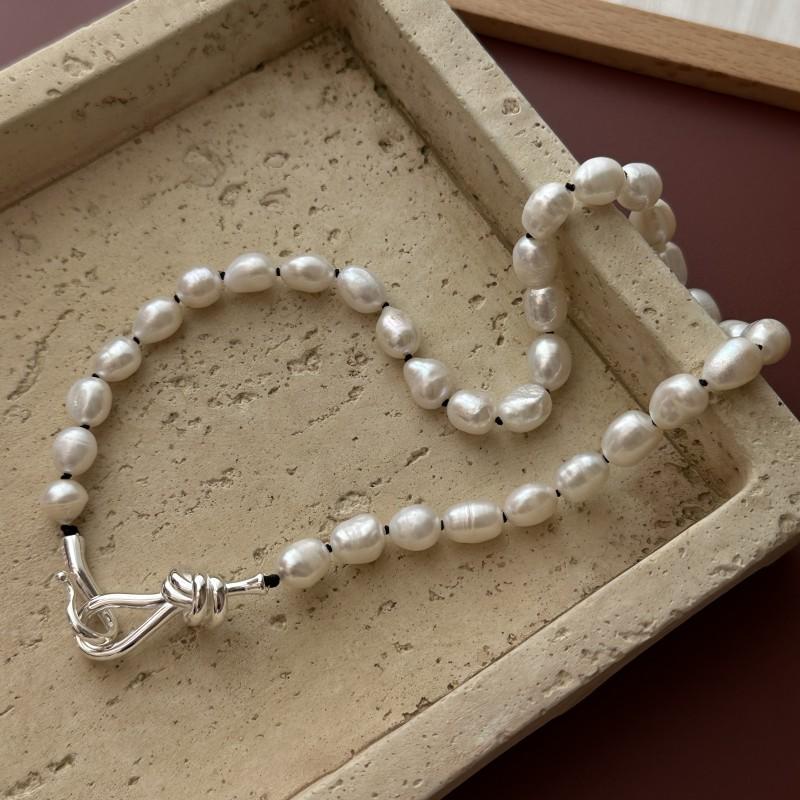 

S925 Sterling Silver Niche Design Pearl Sweater Chain Korean Style Simple Retro Long Knotted Necklace 925 silver