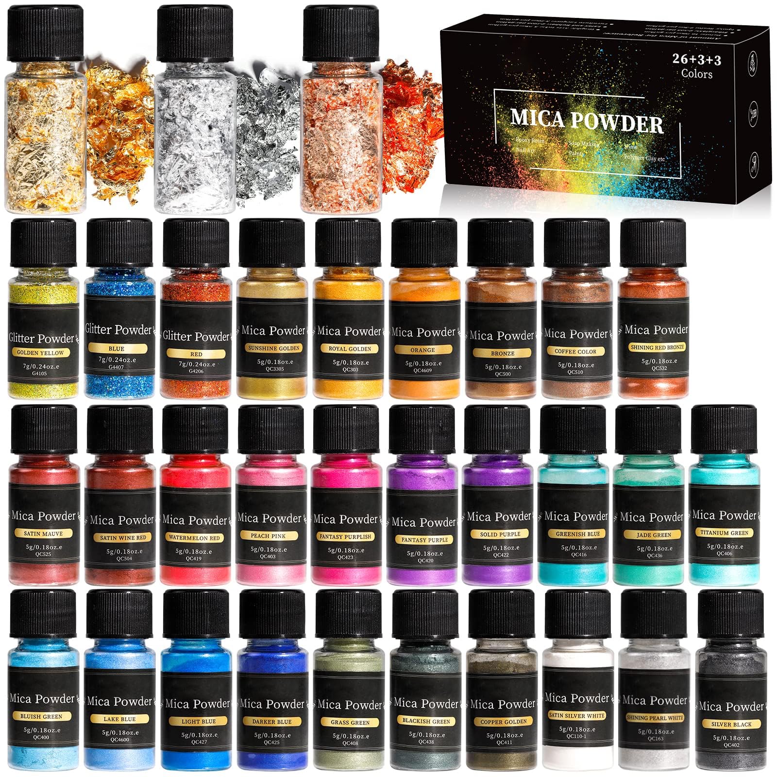 

Biutee Resin Colorants, Nail Powder, Mica Powder, 32-Color Set (5gColor), Resin Dye, 26-Color Mica Powder, 3-Color Gold Leaf Powder, 3-Color Laser
