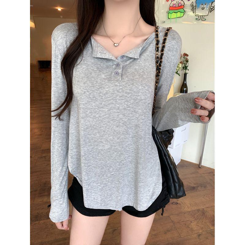 Pure Desire Grey V-neck Long Sleeve Sun Protection T-shirt for Women – Early Autumn Loose Chic Style
