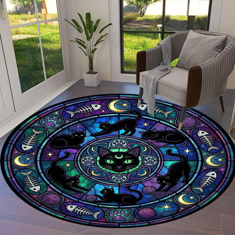 Stained Window Black Cat Round Area Rug,Carpet Rug for Living Room Bedroom Sofa Playroom Decor,Non-slip Floor Mat Q0043