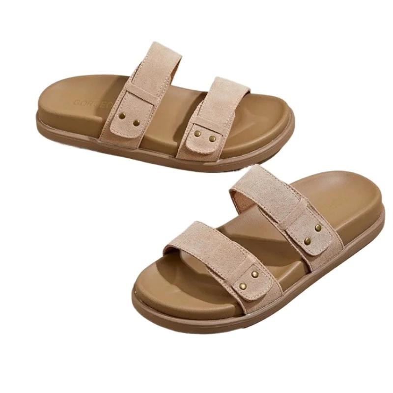 2024 Summer Hot Selling Women's Shoes Fashion Open Toe Women's Flat Shoes Solid Color Medium Heel Casual Beach Women's Slippers