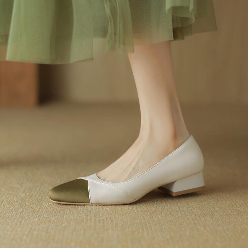 New color matching women's single shoes women's leather shoes square head low heel flat shoes casual low-top shoes one pedal lazy shoes