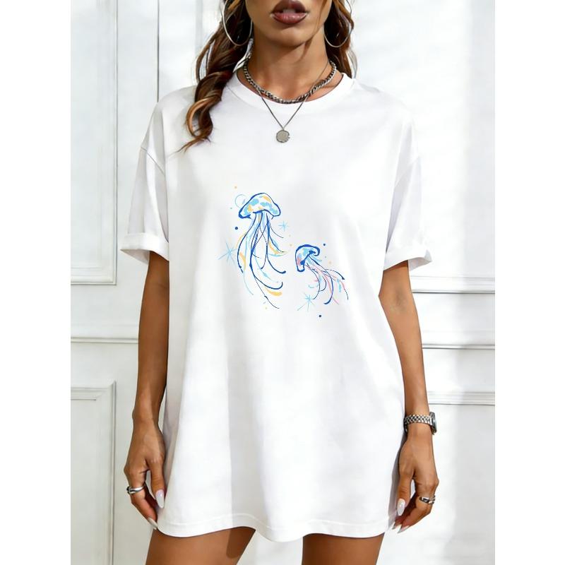 

Oversized T Shirt Dress Black Jellyfish Print And Stars Casual Streetwear Summer Outfit XXXXL