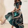 Women Plus Size Round Neck Short Sleeve Rhinestone Printed A Line Long Dress