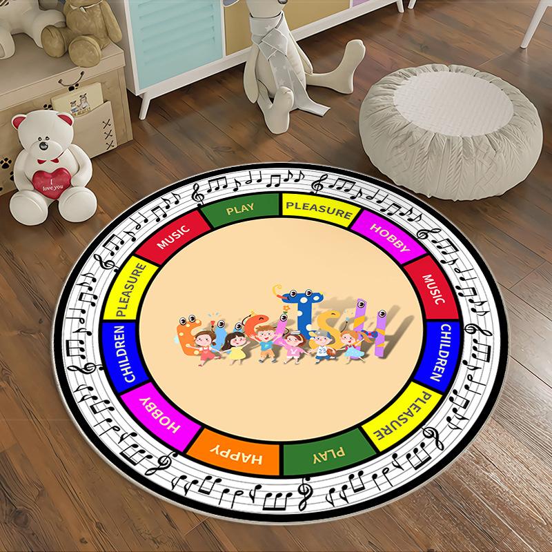 Musikthema Runder Teppich Buntes Notendesign Krabbelmatten für Kinder Kinderzimmer Pädagogische Dekoration Weicher Rutschfester Teppich