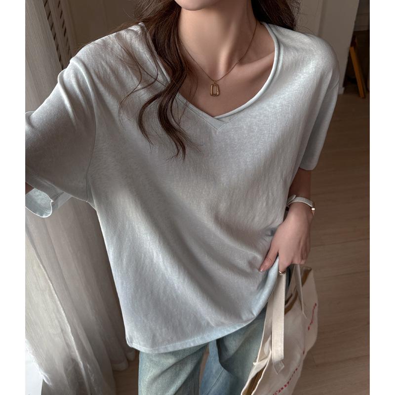 Women V Neck Loose Oversized Dropped Shoulder Short Sleeve Solid Casual Basic T Shirt