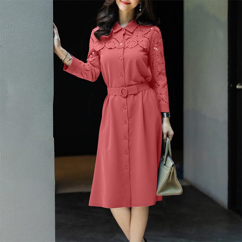 

ZANZEA Женское повседневное платье с отложным воротником, длинным рукавом и кружевной отделкой 5XL камео розовый