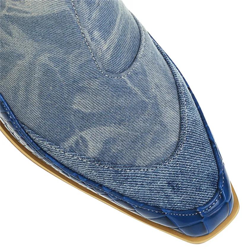 Stylish Women's Square Toe Denim Ankle Boots High Block Wooden Heels Winter Autumn Big Size Ladies Blue Jeans Zipper Short Boots