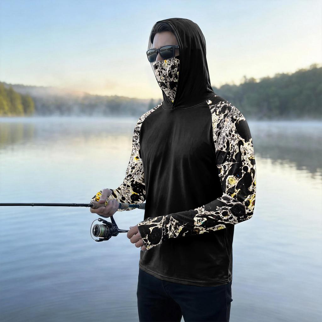 Men's Casual Outdoor Hooded Long Sleeve Sun Protection Shirt Tie Dye Print Lightweight Breathable Quick Dry Fabric
