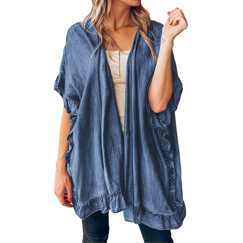European and American Leisure Loose Easiest for Match Short Sleeve Cardigan Women 2025 Summer New Arrival Ruffles Design Denim Shirt Women