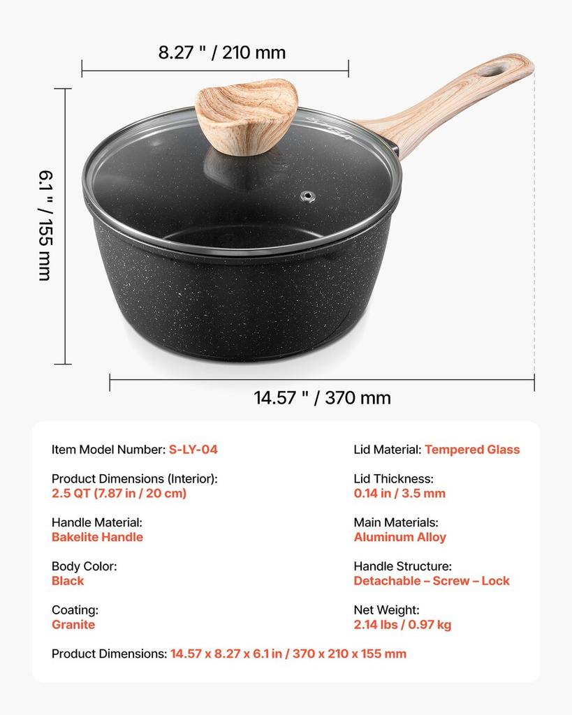 2.5 QT Saucepan, Nonstick Saucepan with Tempered Glass Lid, Multipurpose Cooking Sauce Pot with Detachable Handle, Sauce Pan Small Kitchen Cooking Pot