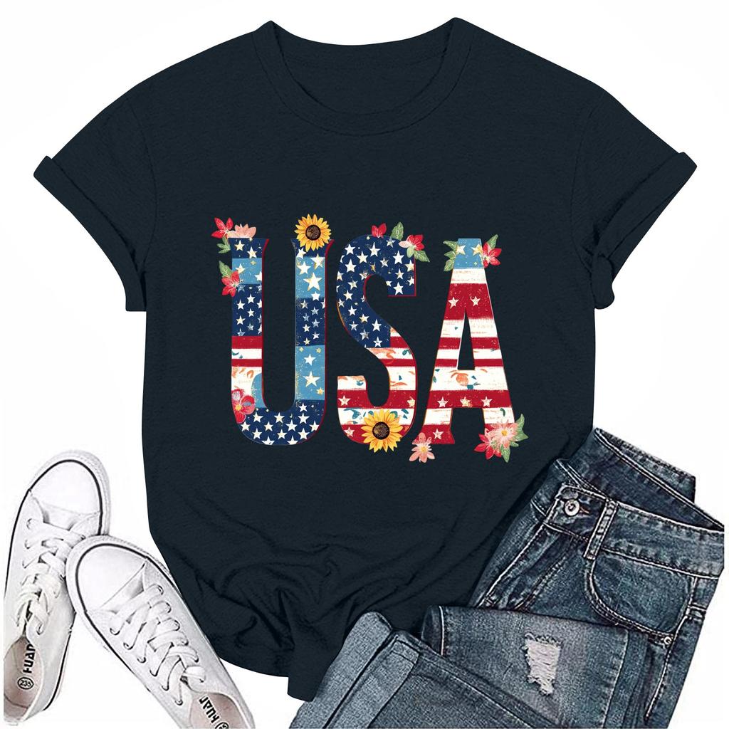 Dámské ležérní tričko s krátkým rukávem a potiskem ke Dni nezávislosti s kulatým výstřihem