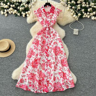 High-end and Elegant Women's Dress with A Cinched Waist Lapel and Hollowed-out Crochet Pattern