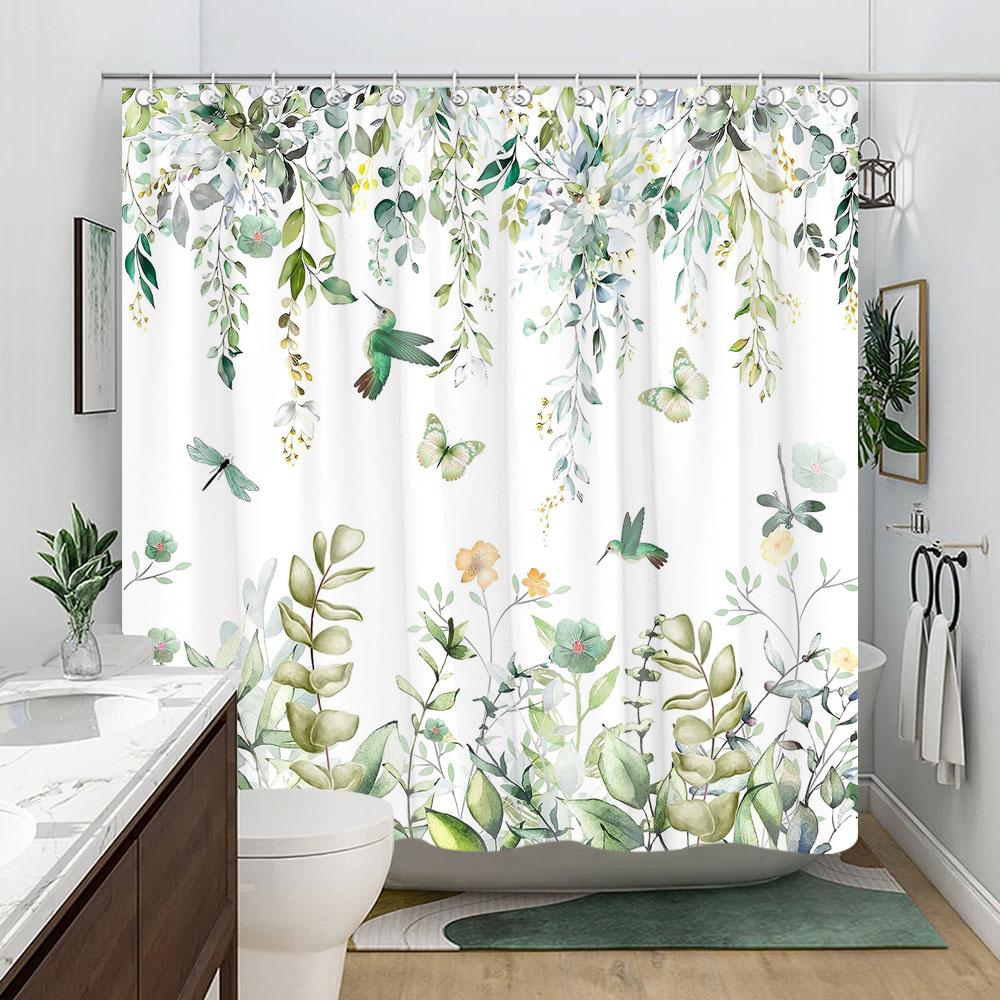 Sage Green Eucalyptus Leaves Shower Curtain Floral Flower Bird Shower Curtains Hummingbird Butterfly Modern Aesthetic Bath Decor
