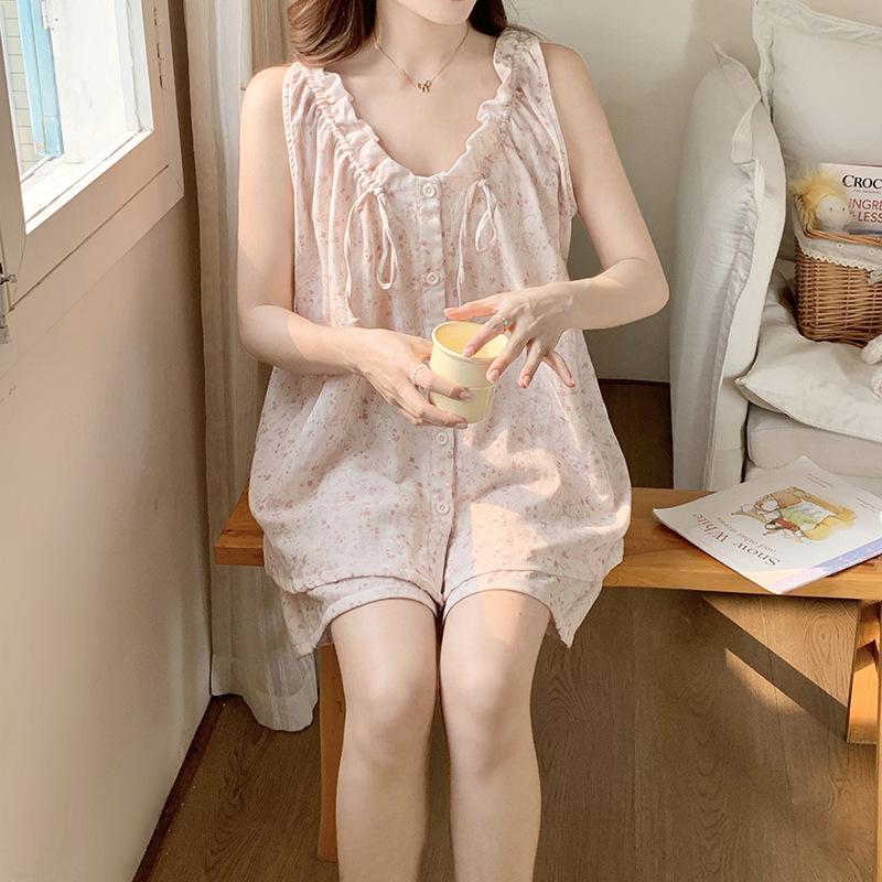 Vernis Summer Vest Shorts Pajamas Set Women's Pure Cotton Comfortable and Cute Double-layer Cotton Yarn Home Set