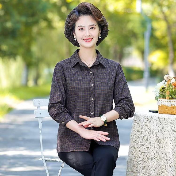 

New Long-Sleeve Cotton Plaid Shirt for Women Aged 50-60 5XL кофейный