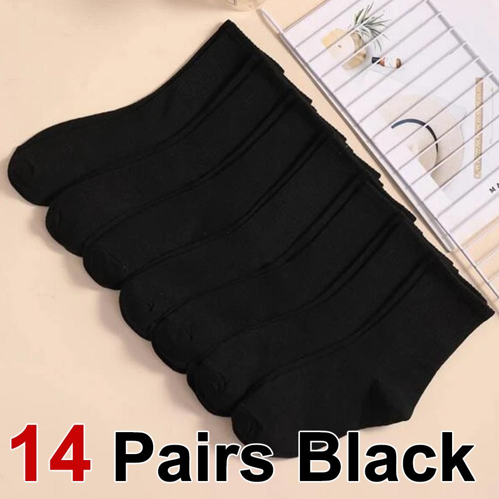 7/14/21 Pairs Women Classic Black And White Solid Color Fashionable Versatile Sweat-Absorbing Soft And Breathable Casual Socks