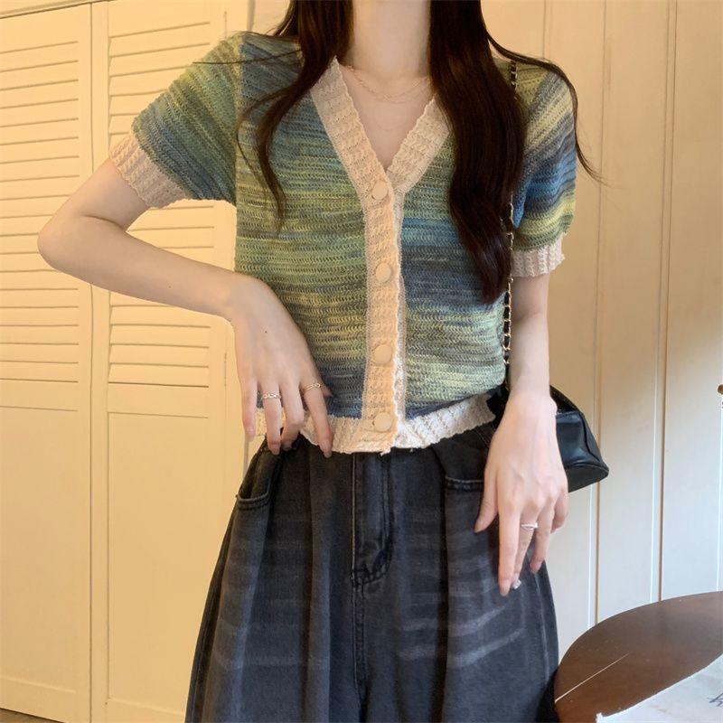 Color Blocking Tie Dye V-neck Temperament Small Fragrance Style Short Sleeved Knitted Shirt Loose Slimming Short Top for Women In Summer