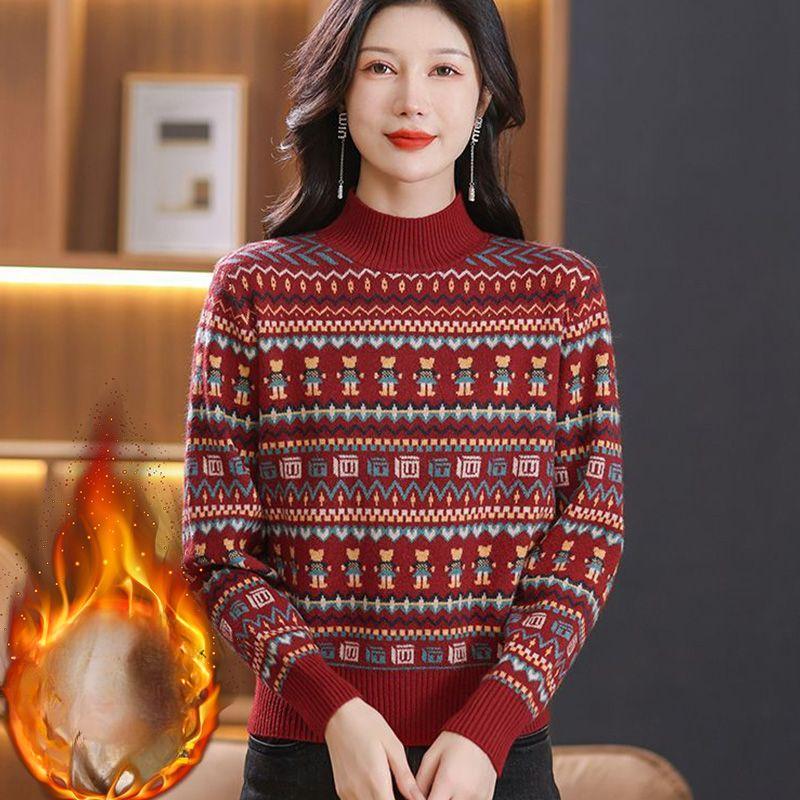 

Узорчатый свитер с воротником-стойкой, повседневный свитер с длинным рукавом для осени и зимы, женская одежда 3XL