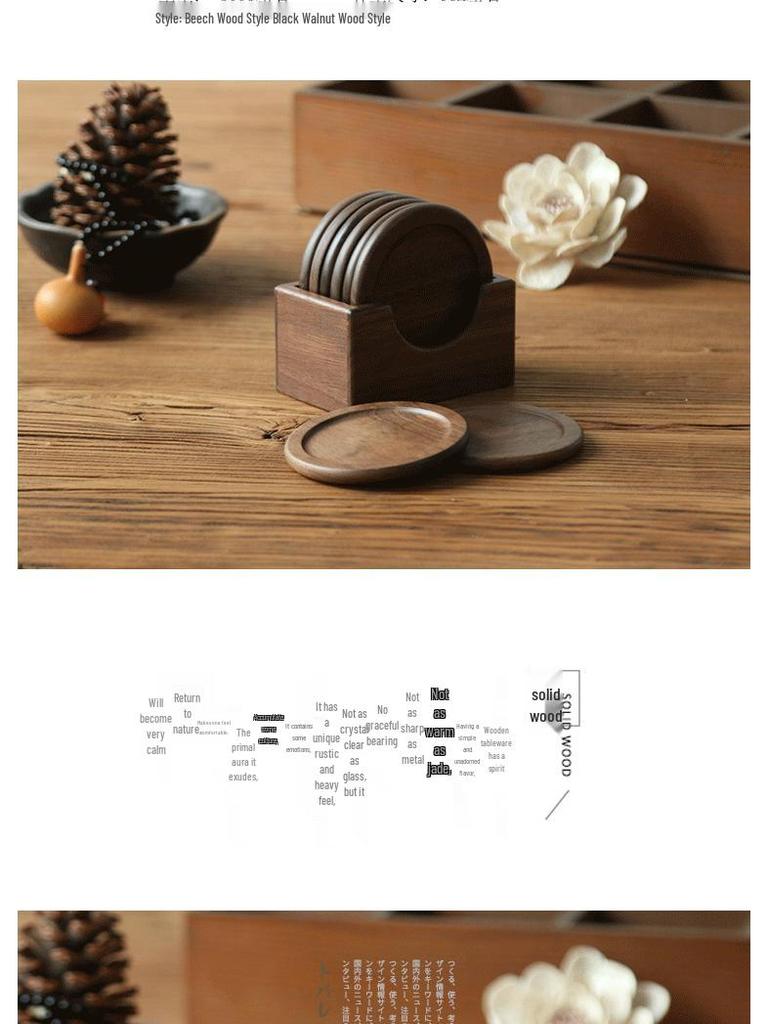 Round Black Walnut and Beech Wood Coasters, 6-Piece Set – Heat-Resistant Placemats for Coffee and Tea Cups