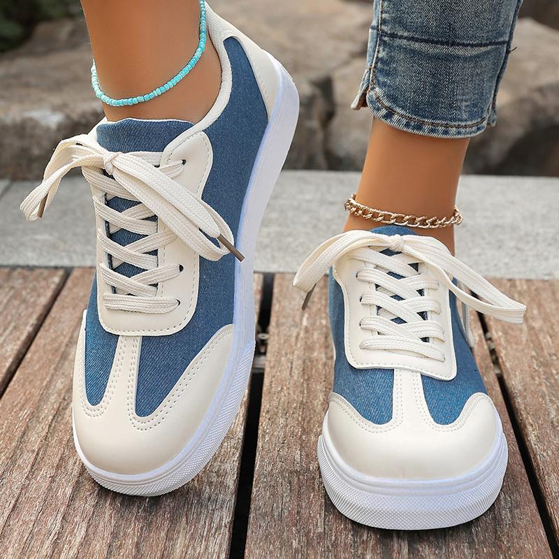 Fashion Women's Fashion Lace Up Casual Sneakers Blue Denim Mix Color Flat Shoes Woman Lightweight Non Slip Sports Shoes Plus Size 36-43