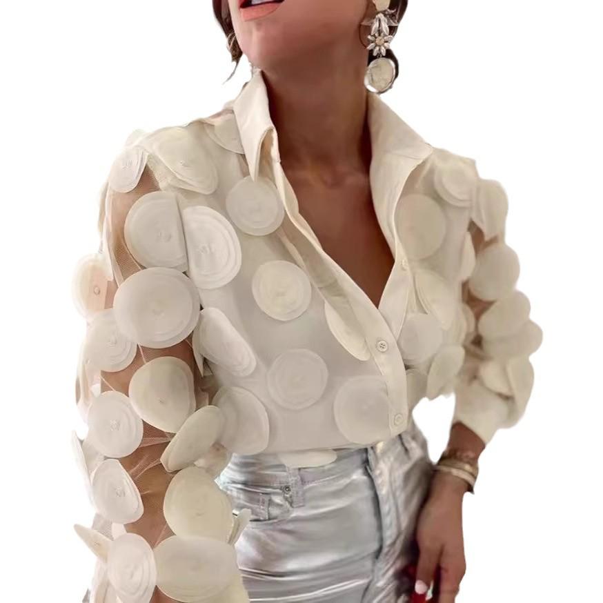 Embroidered Mesh See-Through Long-Sleeve Shirt