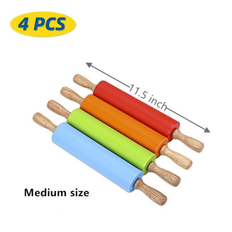 1/4Pcs Non-Stick Silicone Rolling Pin Wooden Handle Pastry Dough Flour Roller Kitchen Cooking Kid Baking Tool For Pasta Dough